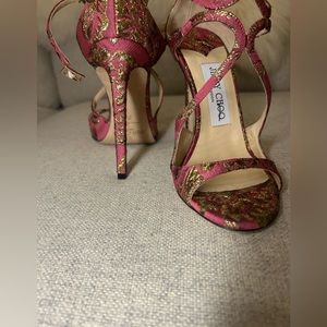NEW w tags Jimmy Choo Azia Pink & Gold Embroidered Satin Heel Strappy Size 35